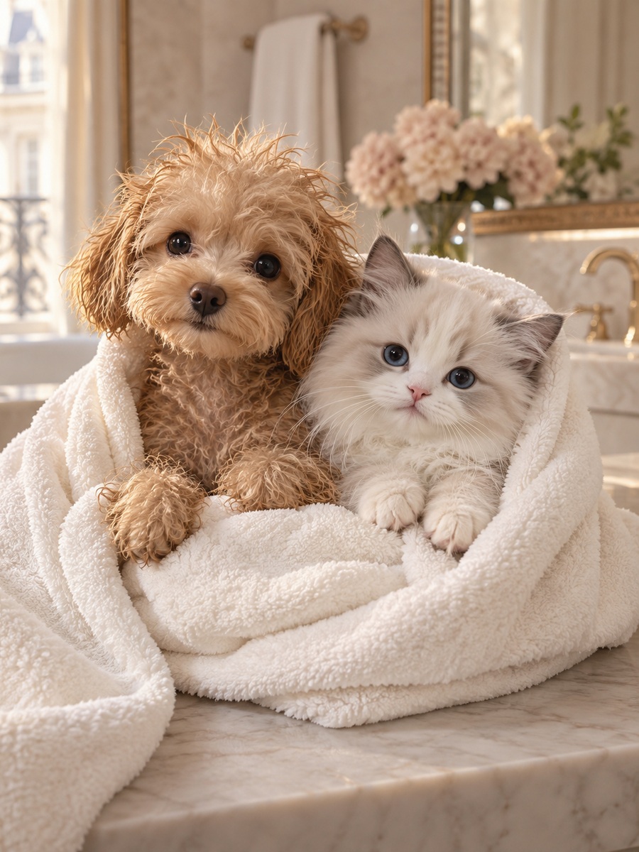 Chien et chat enveloppés dans une serviette douce